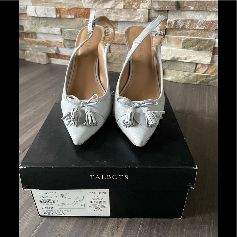 Talbots pale grey suede sling back with tassels